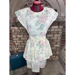 dress floral peplum 1980s pink cream green romantic
